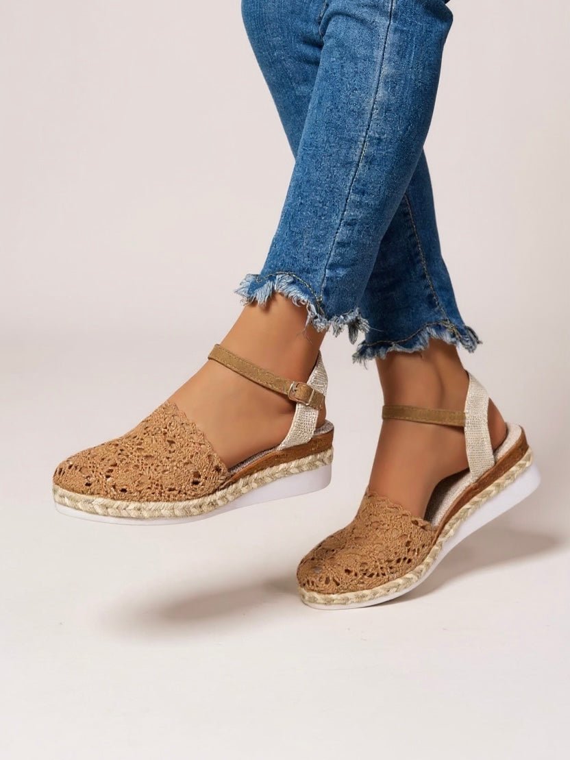 Boho Platform Sandals Crochet Woven Espadrille Women on model foot demonstrating comfortable fit and platform support