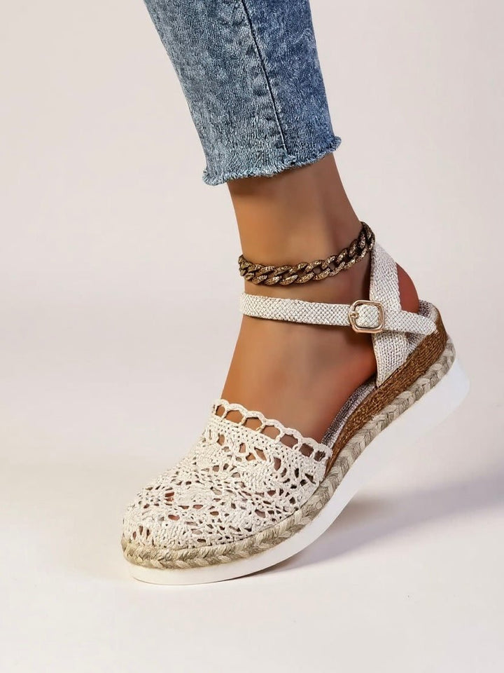 Top-down view of Boho Platform Sandals Crochet Woven Espadrille Women displaying crochet pattern and open-toe design