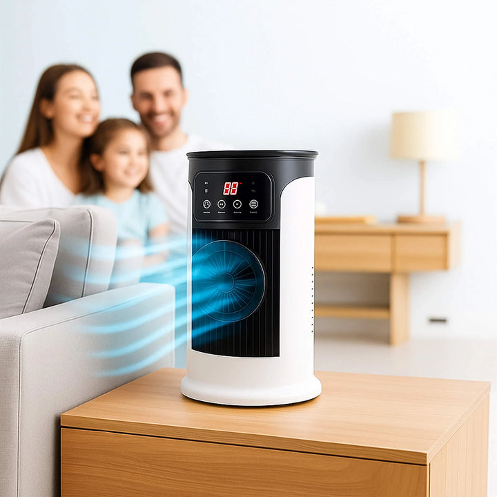 Windowless, energy efficient portable air conditioner with digital display on wooden table in modern living room setting