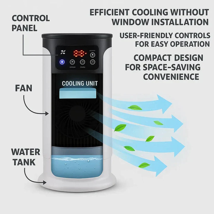 Portable air conditioner unit showing 5-in-1 cooling function with cool mist humidifier for home office use