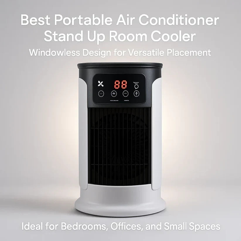 Floor-standing windowless air conditioner with caster wheels for easy mobility between dormitory rooms