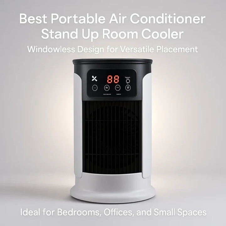 Floor-standing windowless air conditioner with caster wheels for easy mobility between dormitory rooms