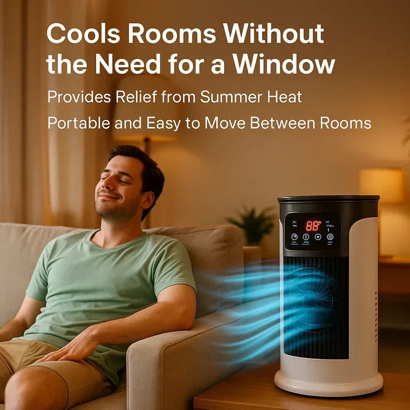 Digital control panel on portable air conditioner displaying temperature settings and cooling modes