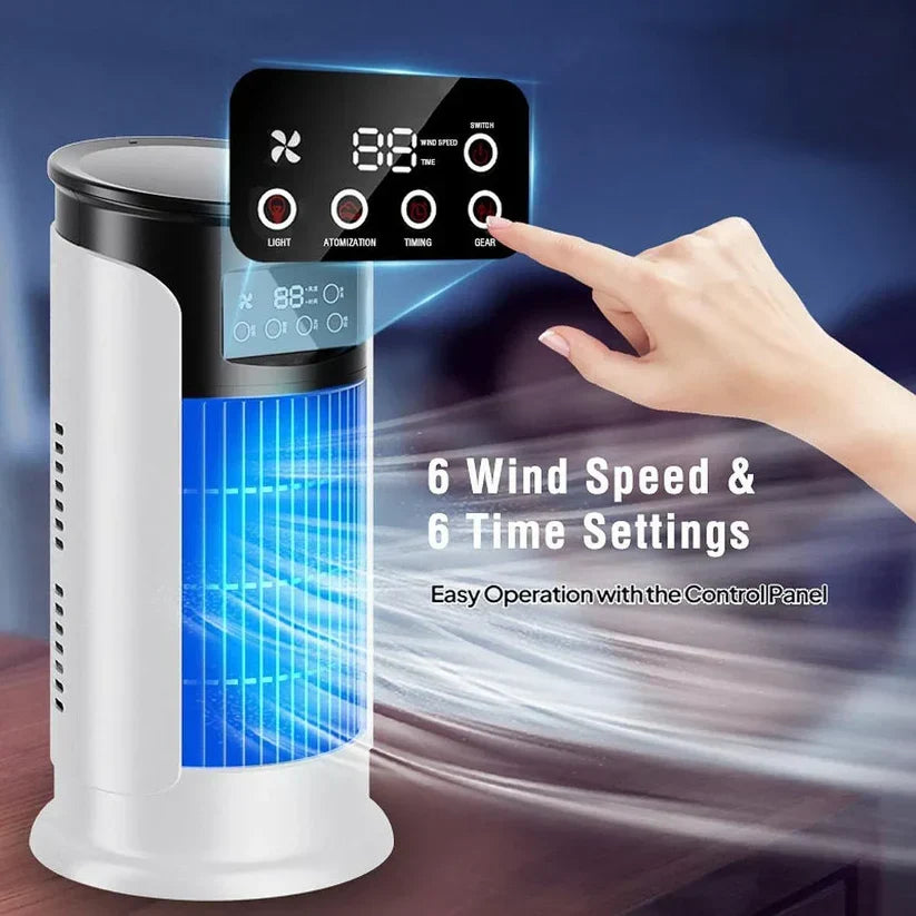 Portable cooling unit with smooth-gliding wheels positioned on side table for convenient room-to-room transport