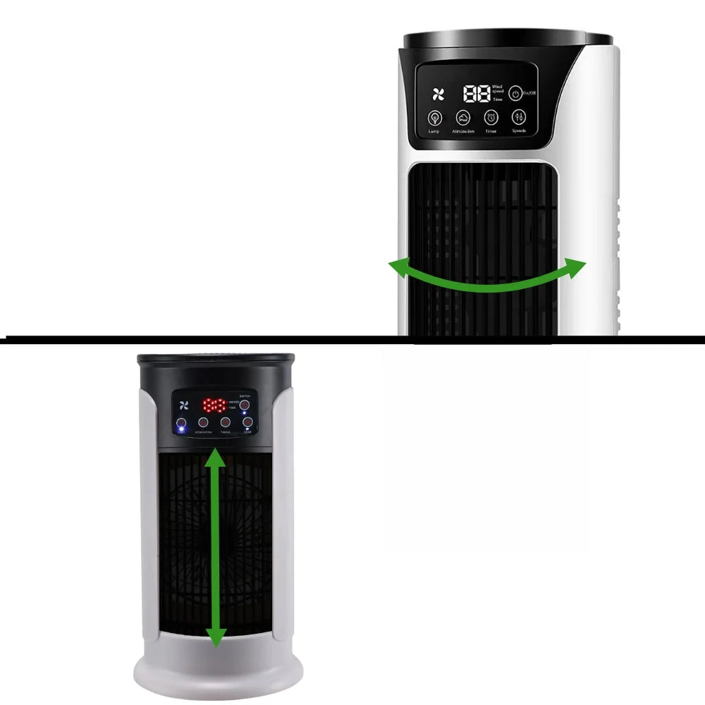 White and black portable air conditioner with digital display showing ultra-quiet operation under 23dB
