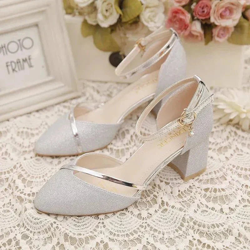 Women's block heel ankle strap shoes with metallic trim and closed toe design on lace backdrop