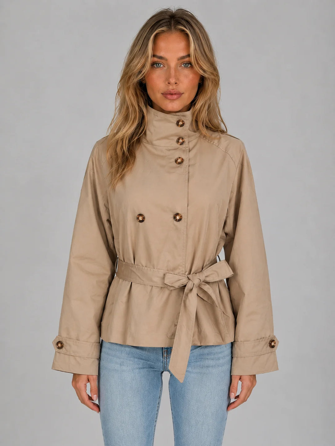 Women's Cropped Trench Jacket – Belted Double Breasted Coat in beige with stand collar and adjustable waist belt