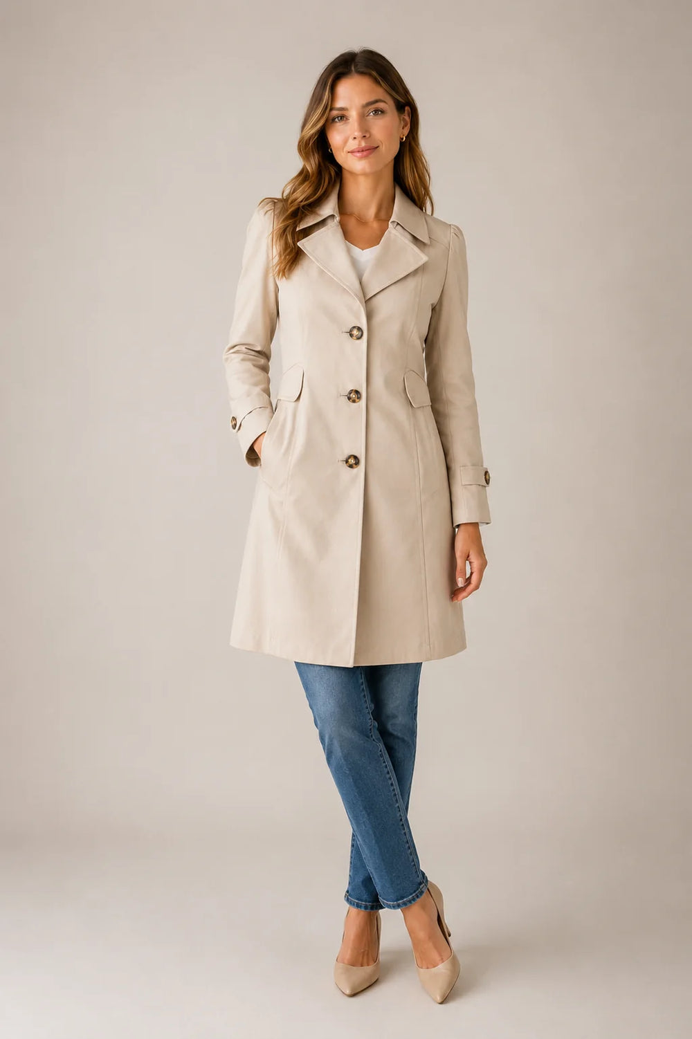 Front view of women's tailored trench coat with button-front closure and knee-length cut