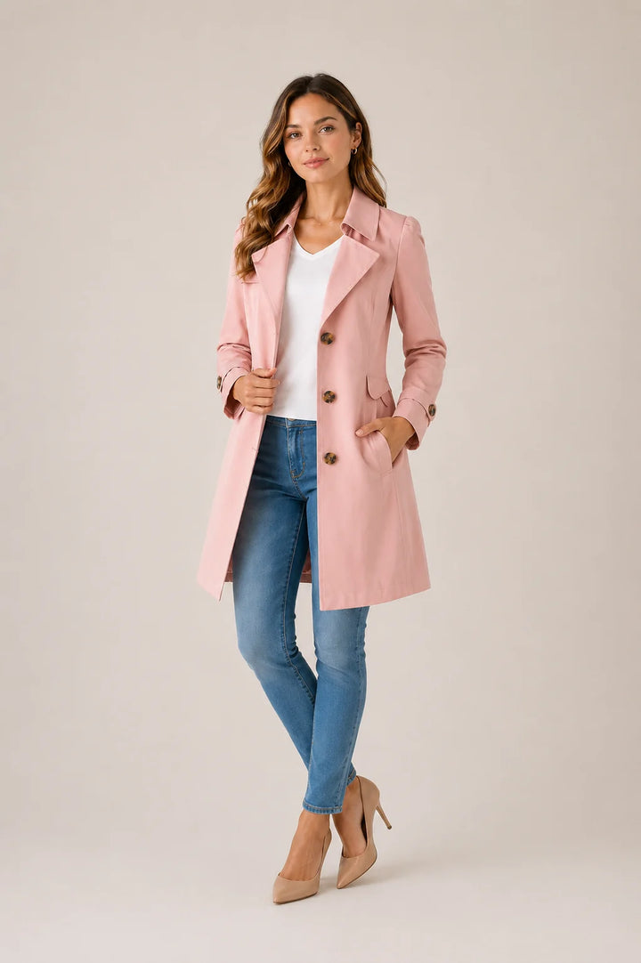 Side view of lightweight trench coat showing structured fabric and flattering silhouette