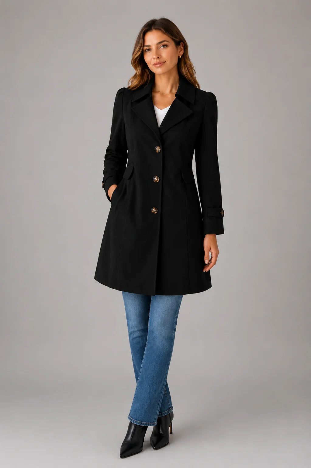 Close-up of trench coat button cuffs and smooth woven fabric finish