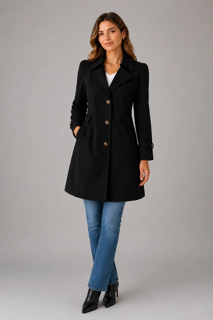 Close-up of trench coat button cuffs and smooth woven fabric finish