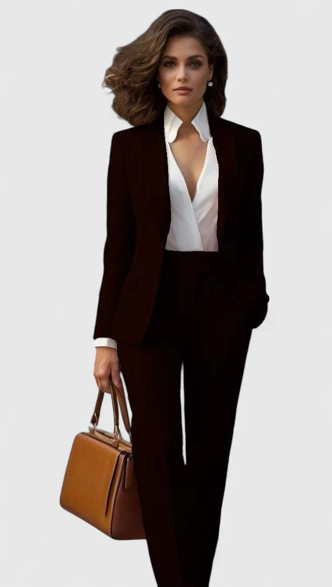 Tailored blazer with notched lapels and single-button closure paired with coordinating trousers