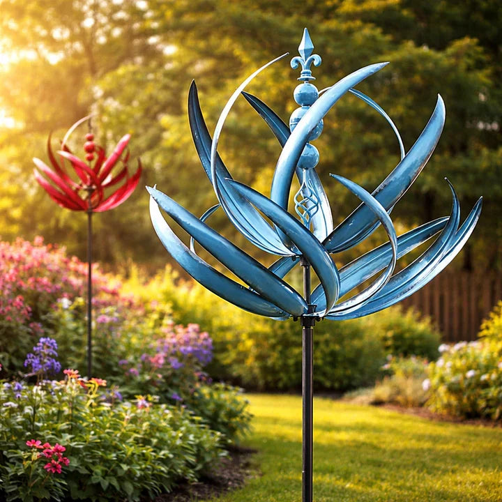 Metal garden wind spinner with blue lotus petal design rotating on stake in sunny garden bed