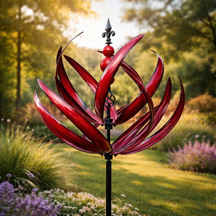 Lotus wind spinner sculpture positioned as focal point amongst colourful garden flowers and greenery