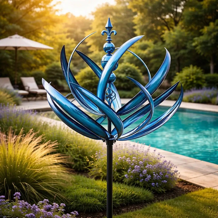 Close-up of rotating metal lotus petals showing weather-resistant blue finish and layered design