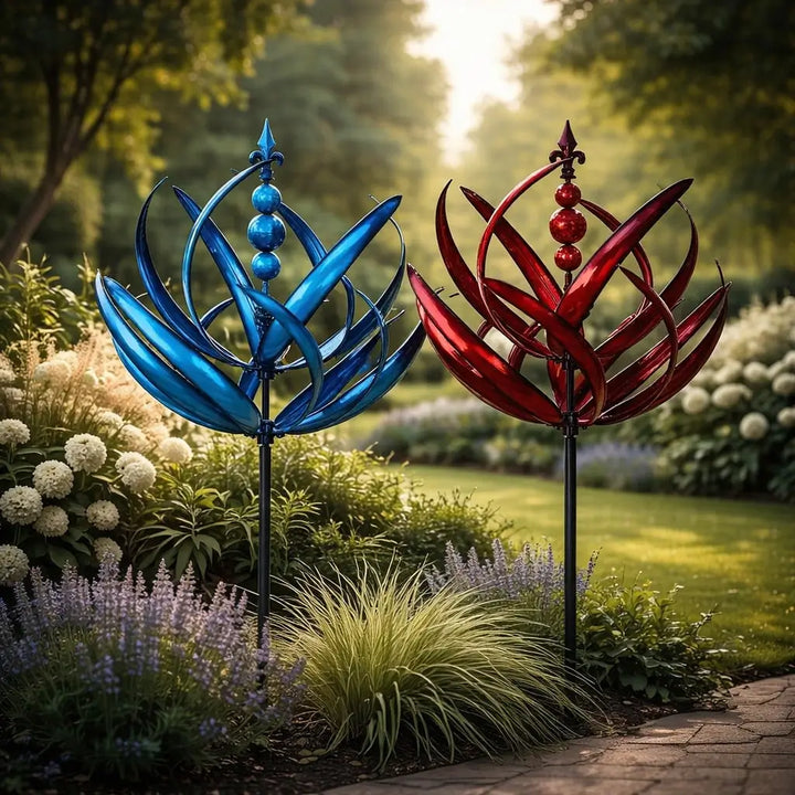 Side angle of lotus wind spinner sculpture showing layered petal construction and ground stake
