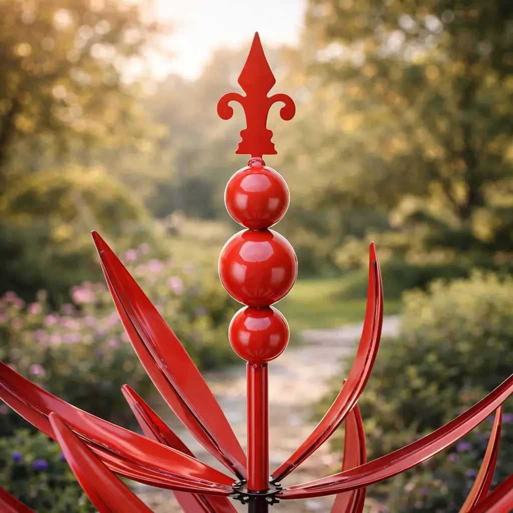 Metal wind spinner with opposing rotation layers creating kinetic movement in garden landscape