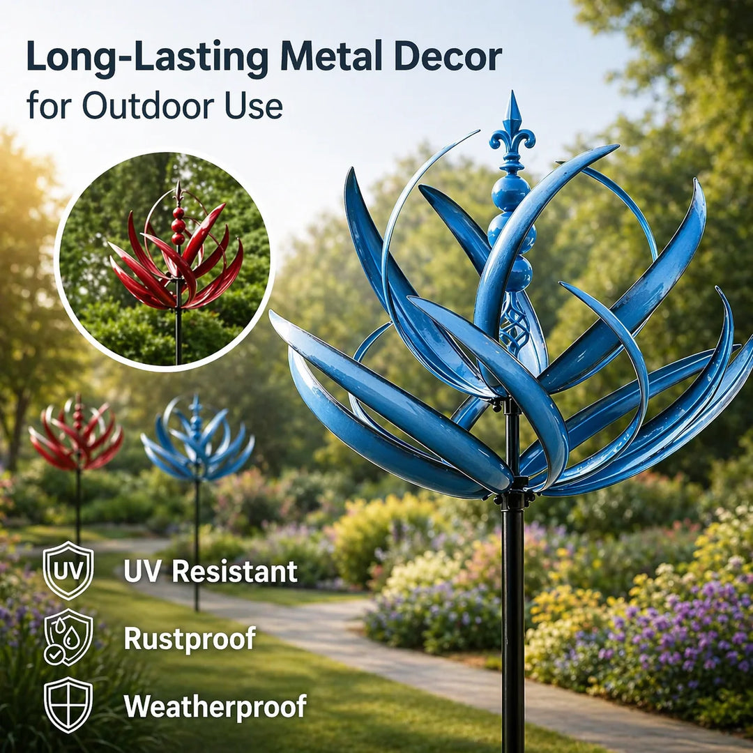 Detail of weather-resistant coated metal lotus petals on rotating garden wind spinner ornament