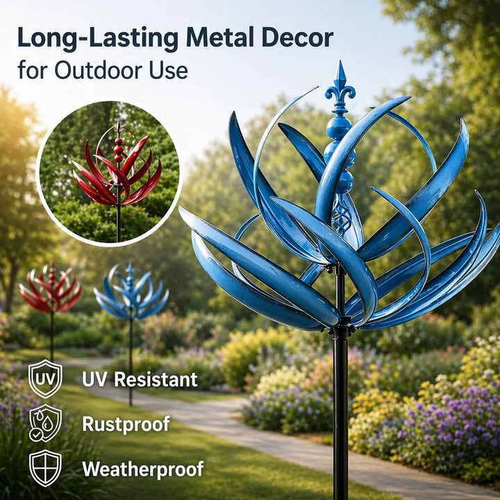 Detail of weather-resistant coated metal lotus petals on rotating garden wind spinner ornament