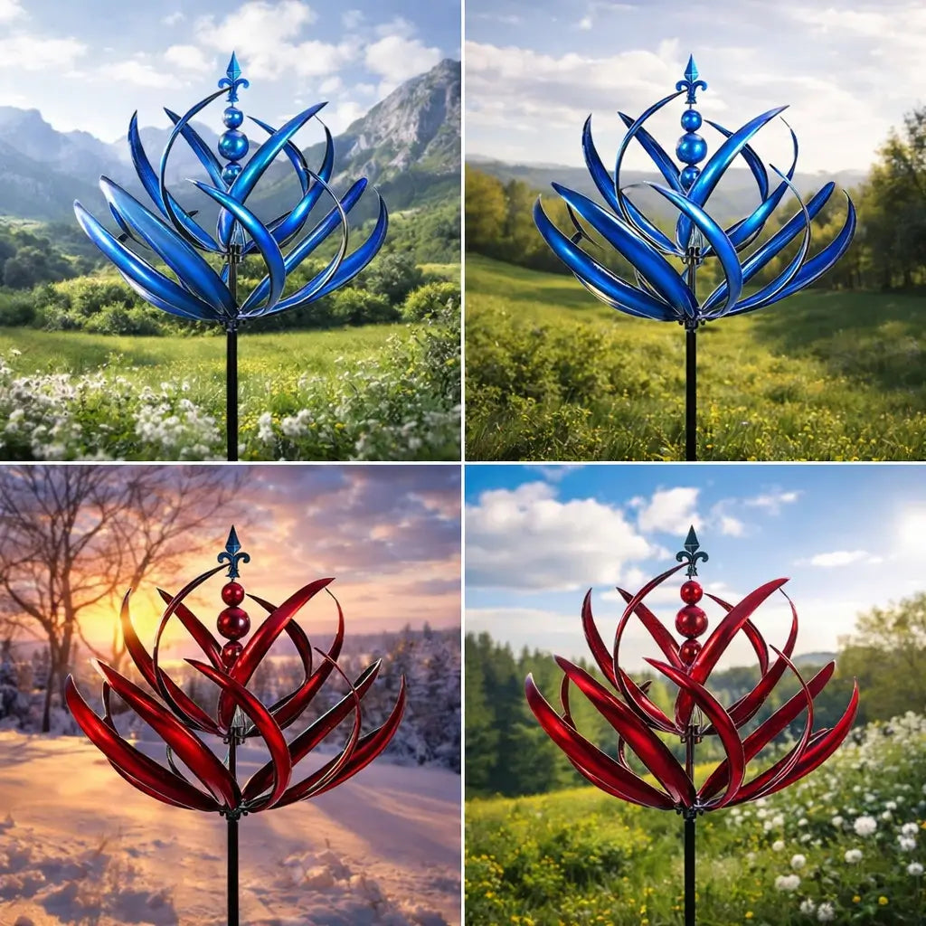 Full height view of 90cm metal garden wind spinner with 30cm diameter lotus bloom