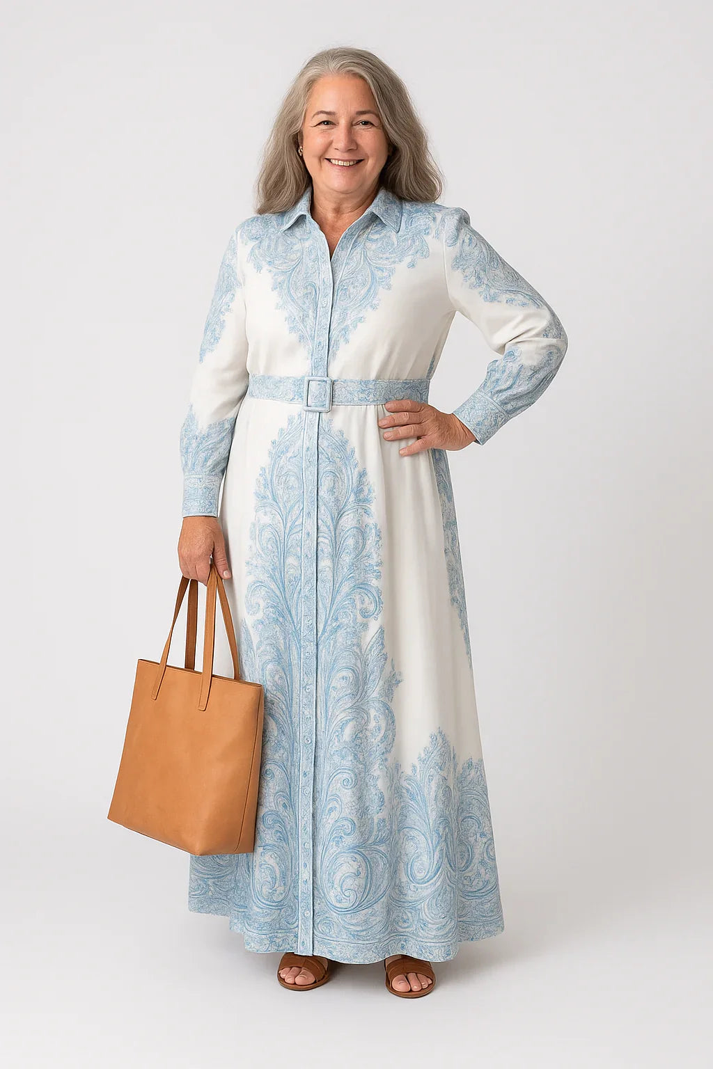 Shirt dress with high neck collar, tie belt at waist, and floor-length hem in paisley print