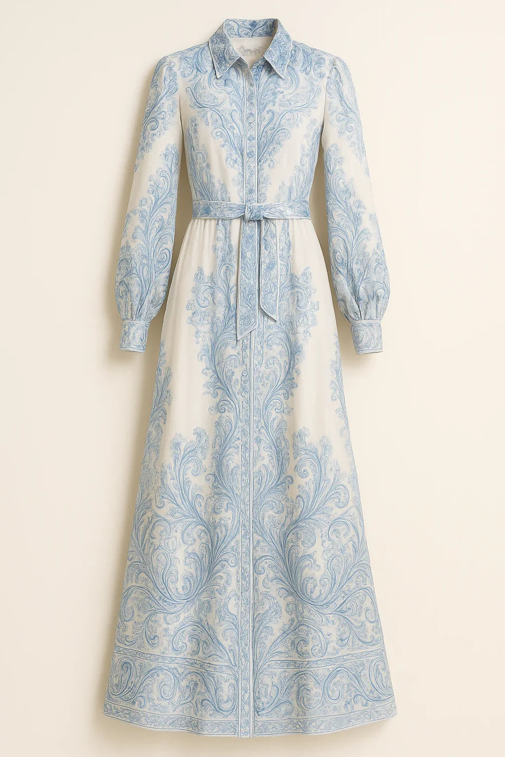 High neck printed dress for women styled with belted waist and relaxed maxi silhouette