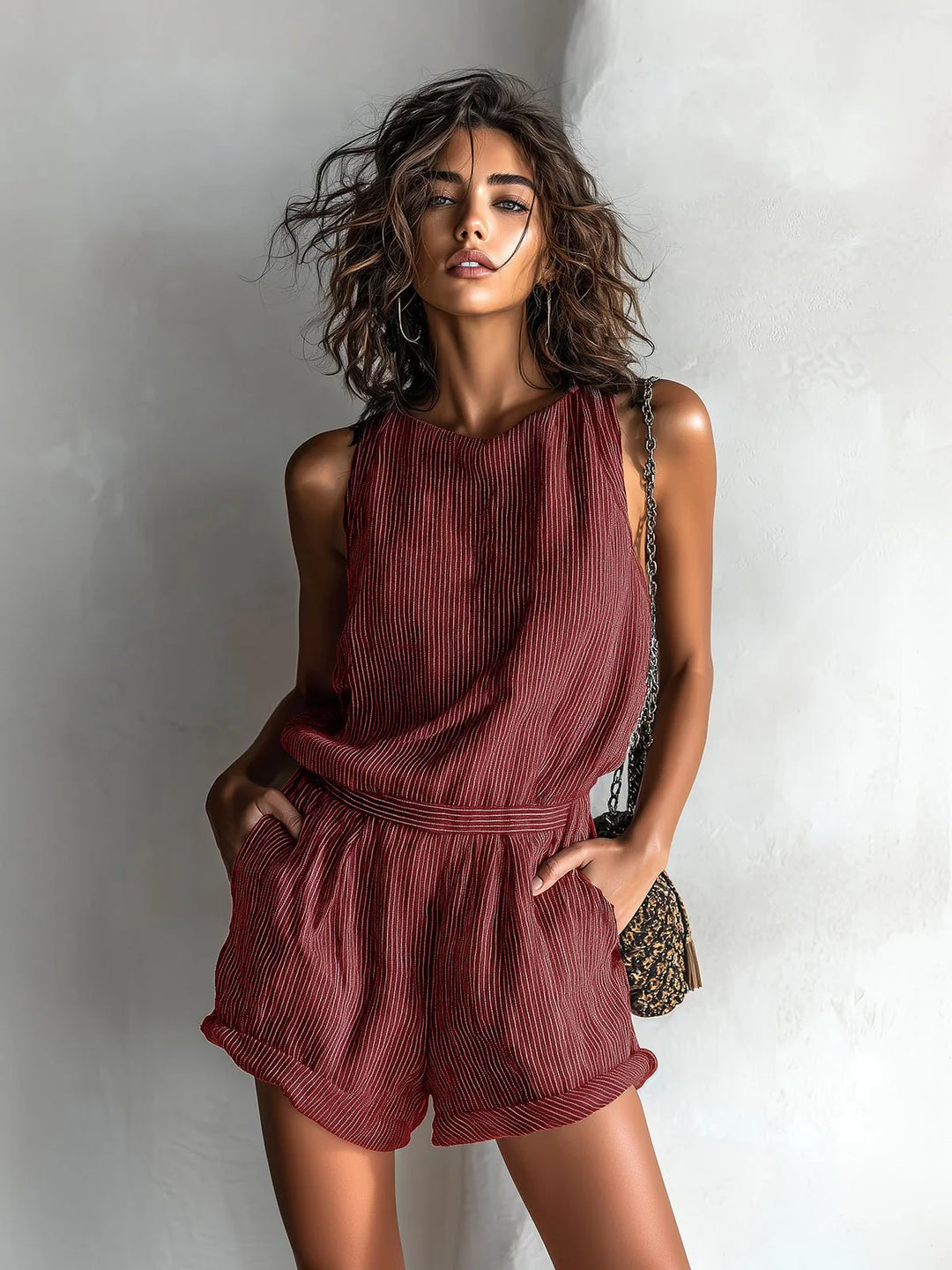 Full-length view of ribbed romper showing shorts length and loose-fit design for summer wear