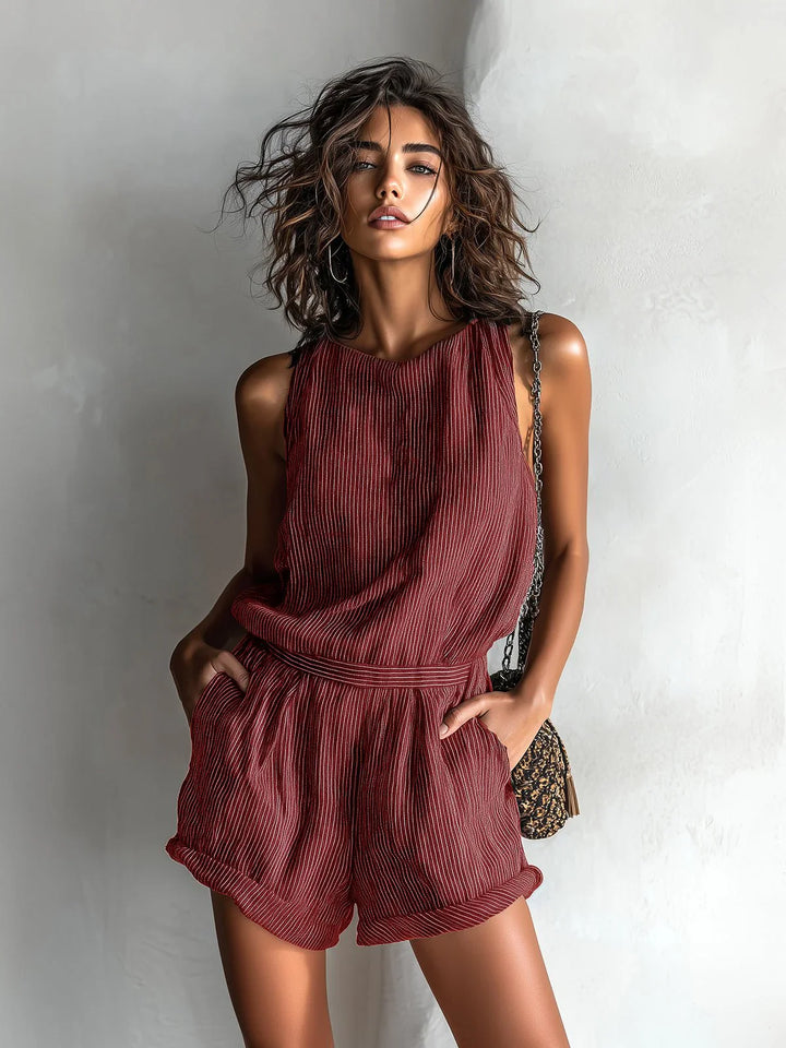 Full-length view of ribbed romper showing shorts length and loose-fit design for summer wear