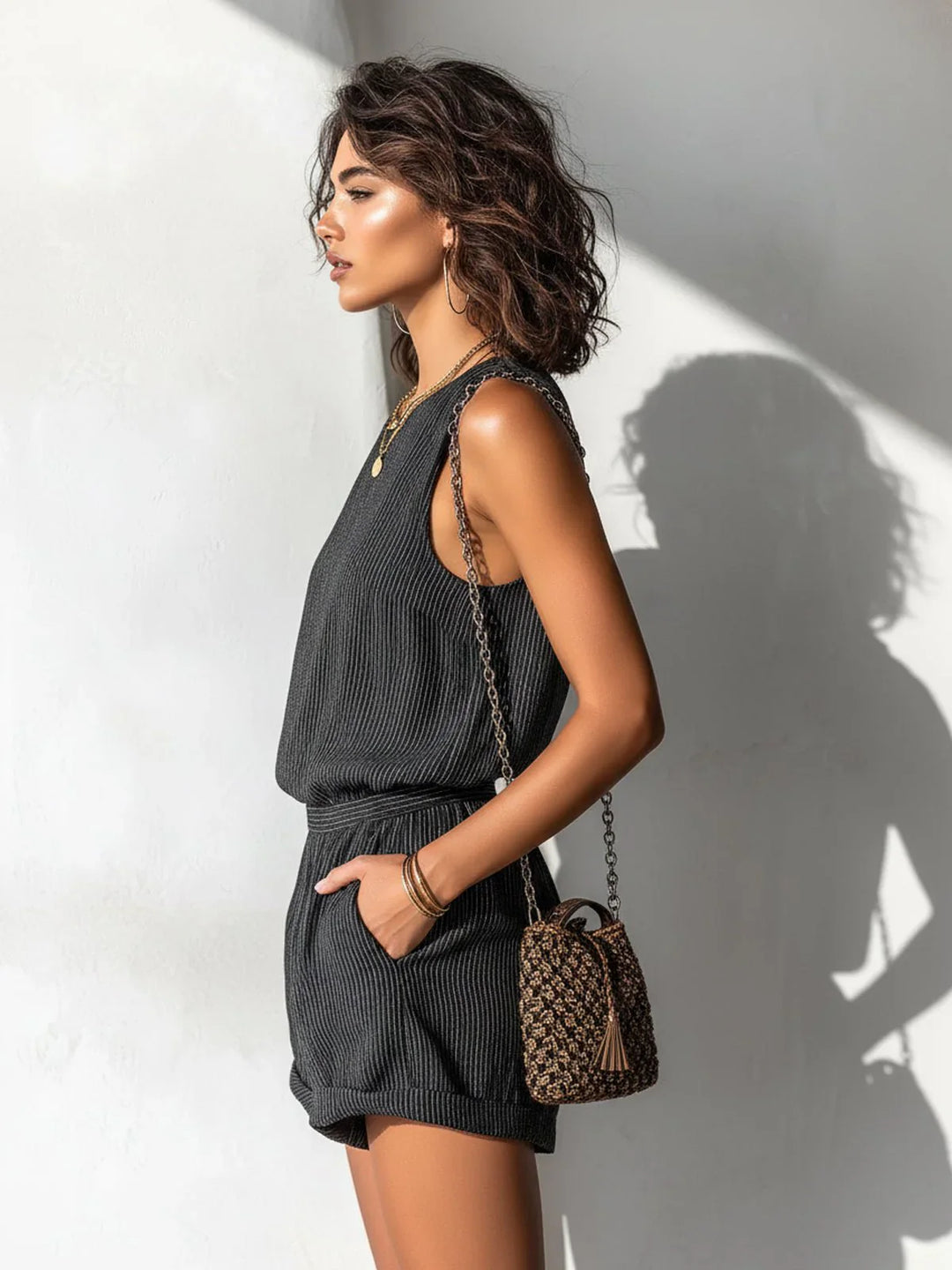 Woman wearing ribbed romper in relaxed pose showing drape and movement of fabric
