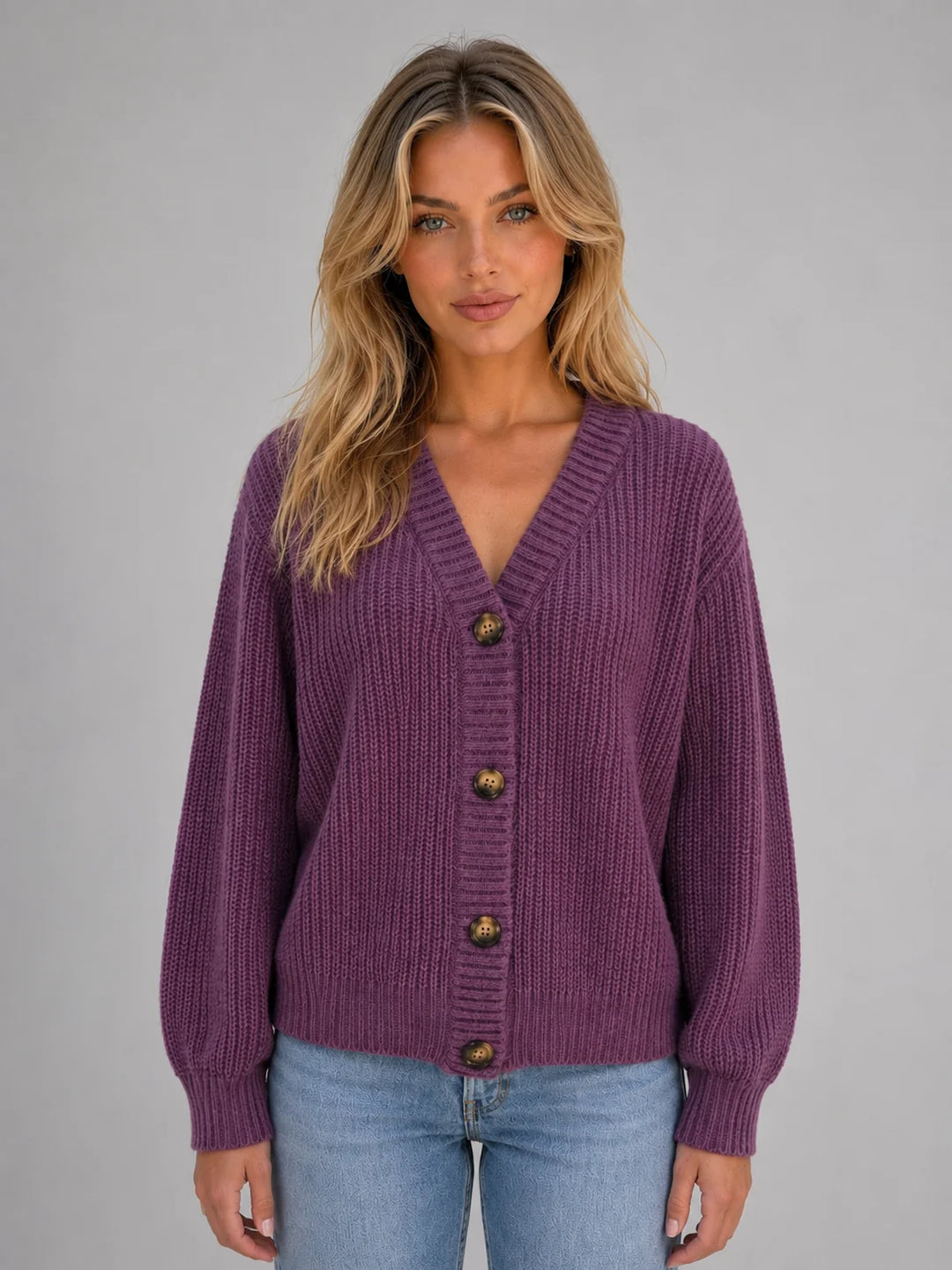 Women's Chunky Knit Cardigan – Button Front V-Neck Soft Ribbed Jumper in purple with oversized buttons and relaxed fit