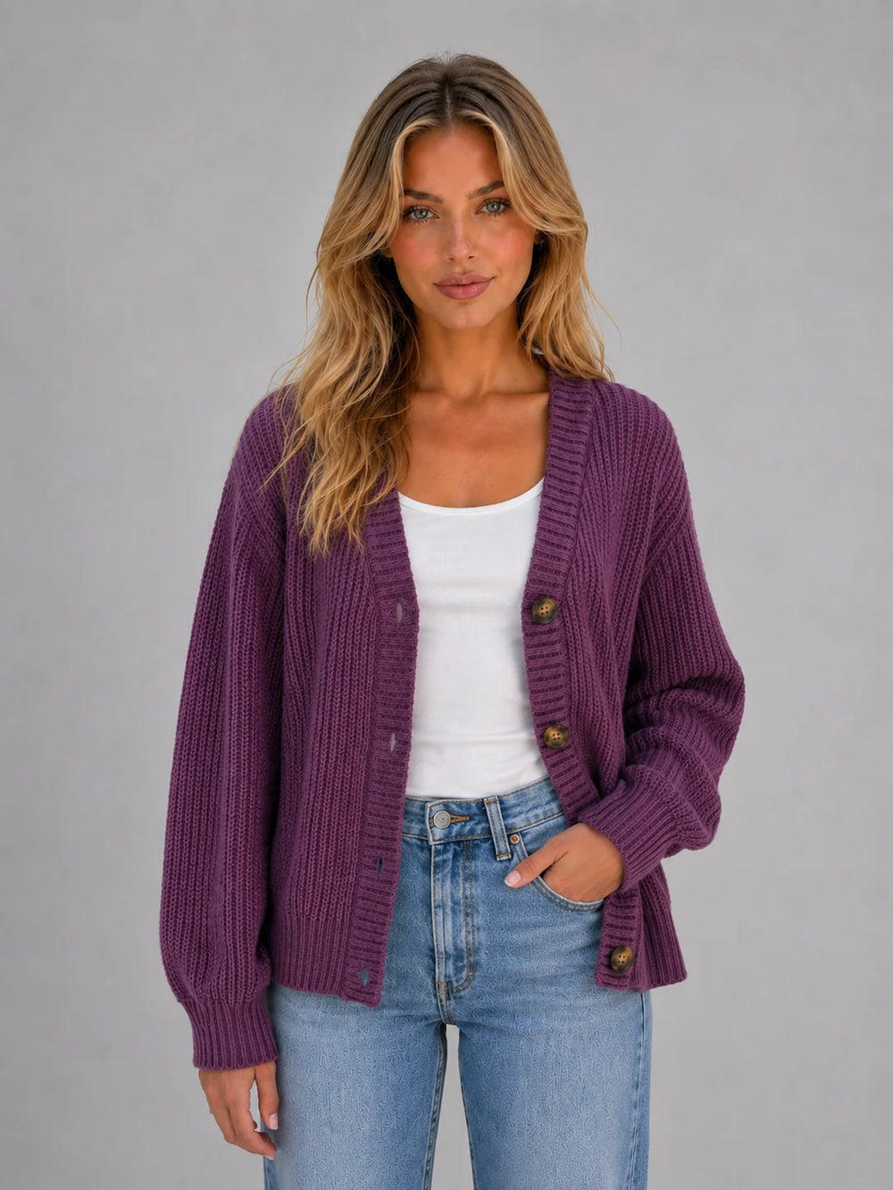 Front view of chunky ribbed knit cardigan with V-neckline and statement button closure for women