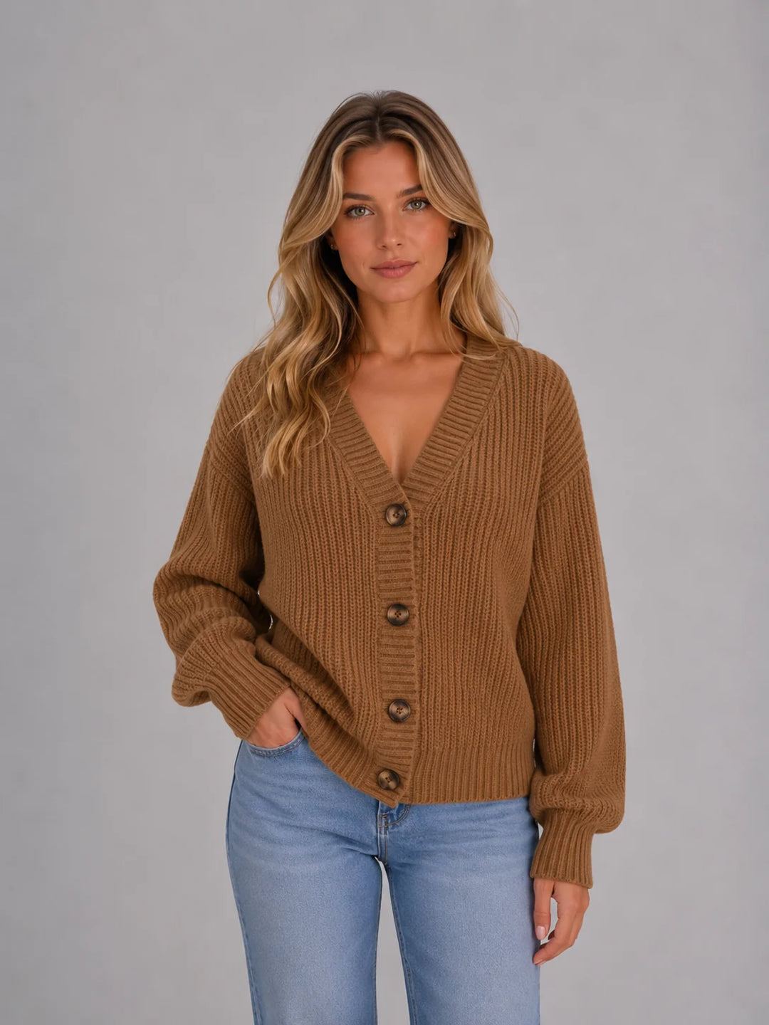 Back view of button-front cardigan with ribbed texture and long sleeves for layering