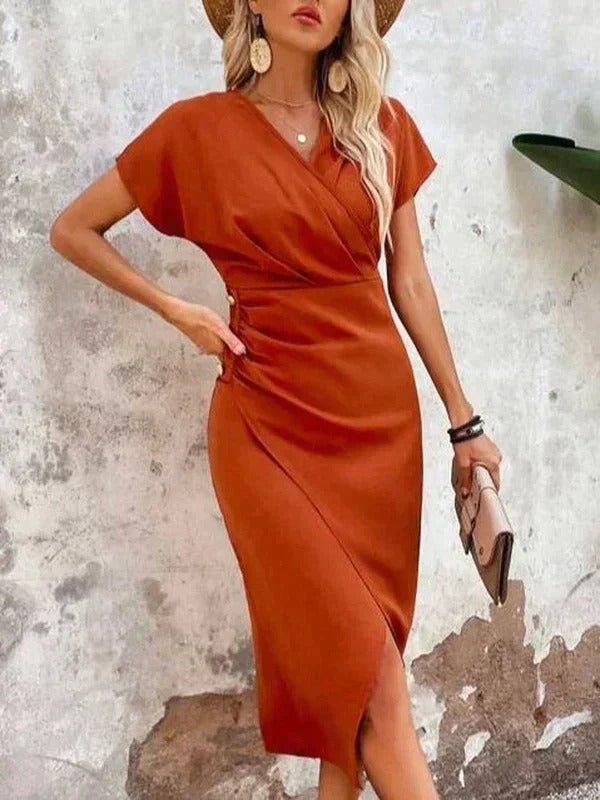 Side view showing flattering wrap silhouette and midi length of women's dress