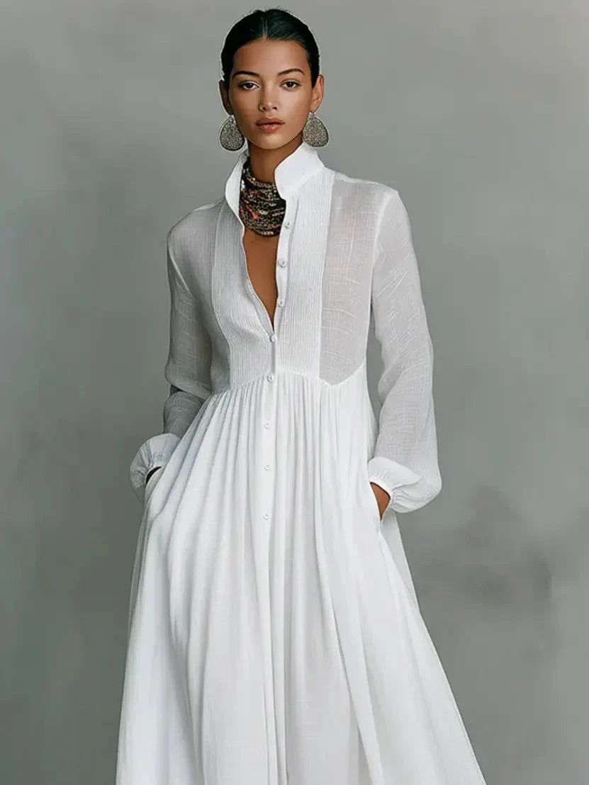 Detail of side seam pockets and flowing skirt on maxi dress