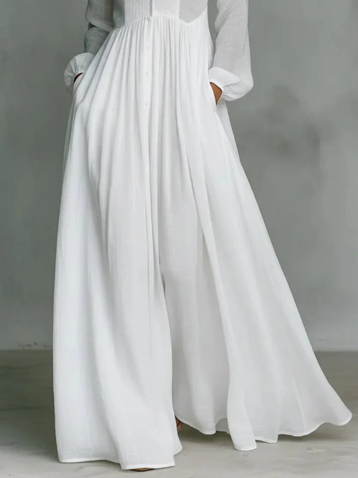 Back view of maxi dress showing button closure and relaxed fit