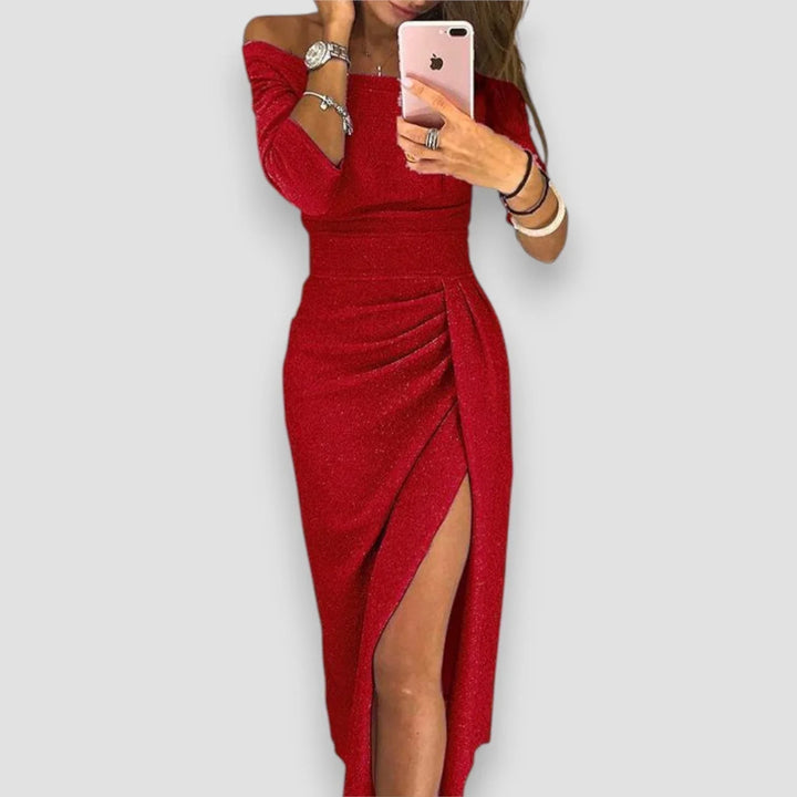 Off-shoulder midi dress styled with heeled sandals for evening wear