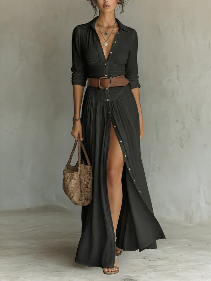 Full-length pleated maxi shirt dress with classic collar and button cuffs in white