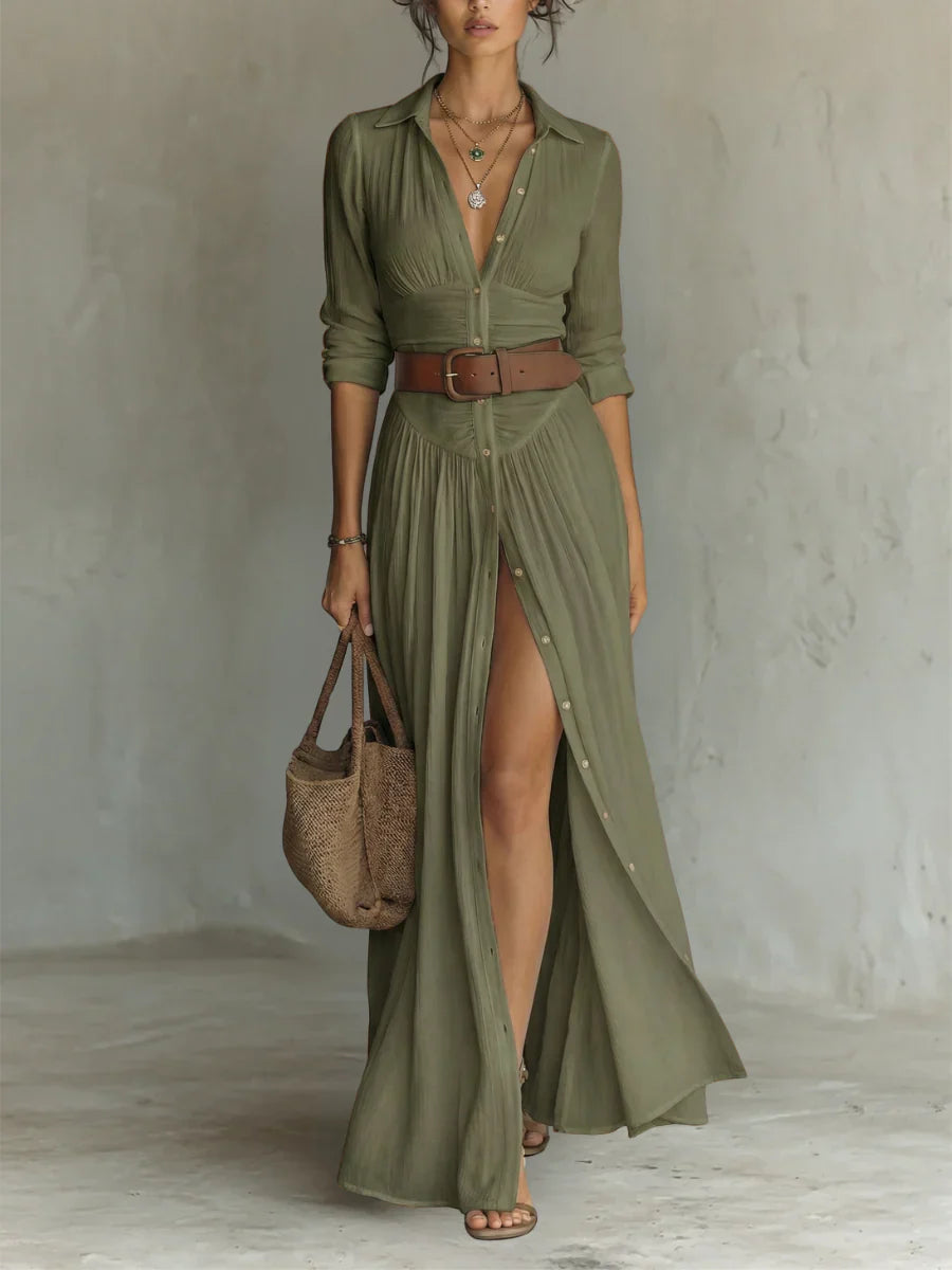 Detail of pleated maxi shirt dress bodice showing collar and button-front closure