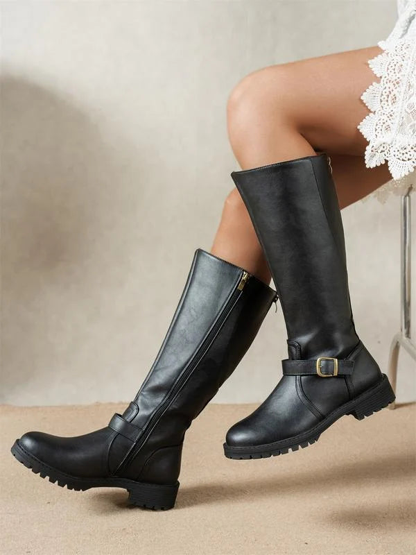 Side profile of brown Comfortable Retro Low Heel Boots with low block heel and tread sole detail