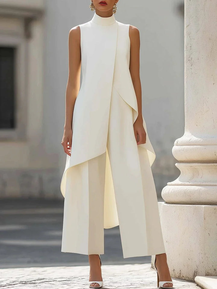 Women's High-Neck Sleeveless Asymmetric Wide-Leg Trouser Set in cream with architectural drape and wide-leg trousers