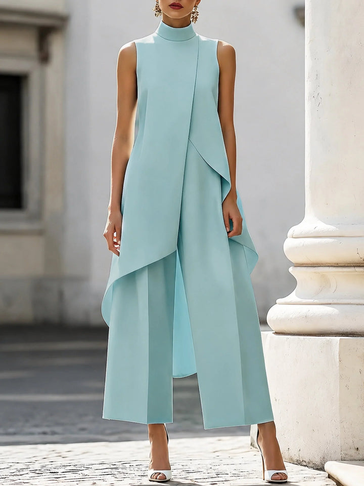 Back view of Women's High-Neck Sleeveless Asymmetric Wide-Leg Trouser Set