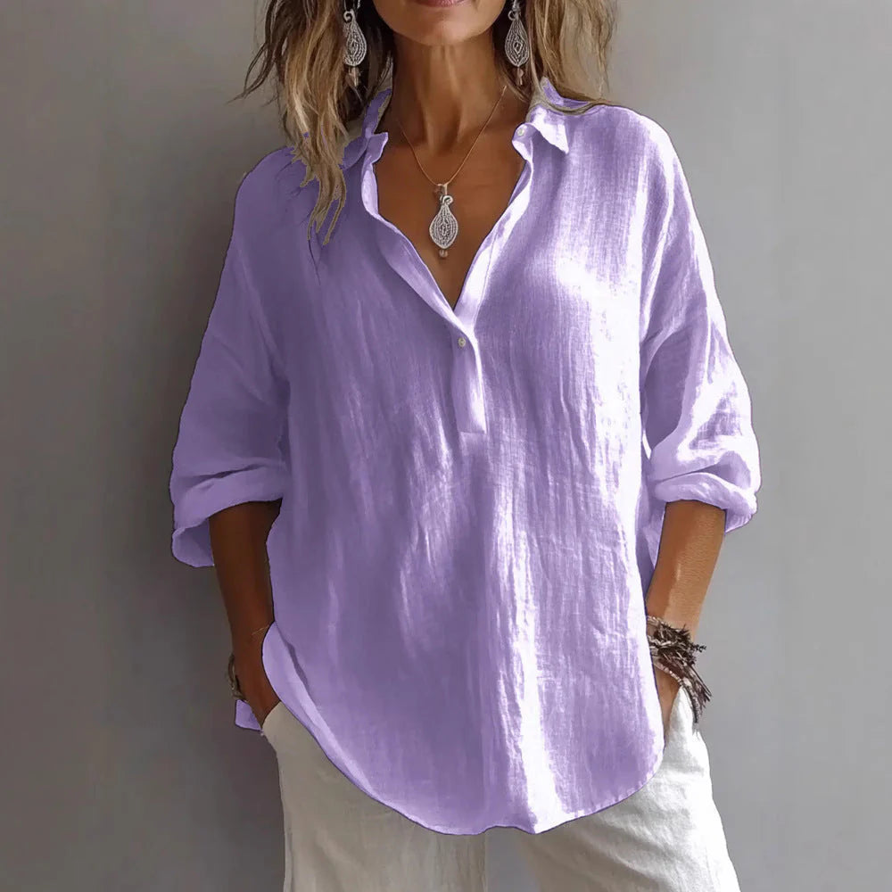 Full-length view of casual white linen shirt paired with neutral trousers, demonstrating versatile styling options