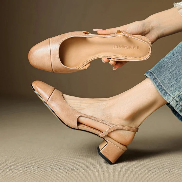 Women's slingback block heel pumps in caramel leather with almond toe and open-back strap design