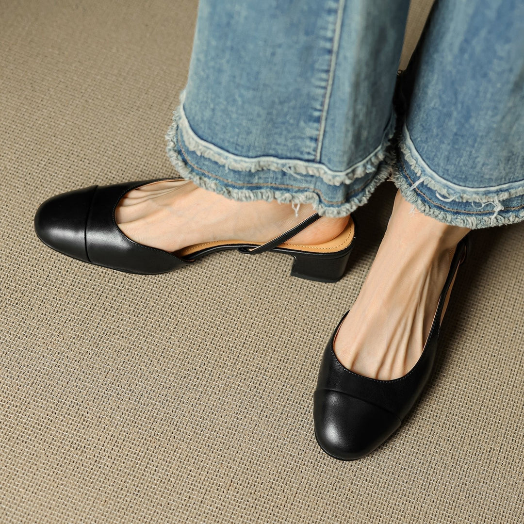 Women's block heel pumps in caramel leather with open-back slingback and cushioned footbed