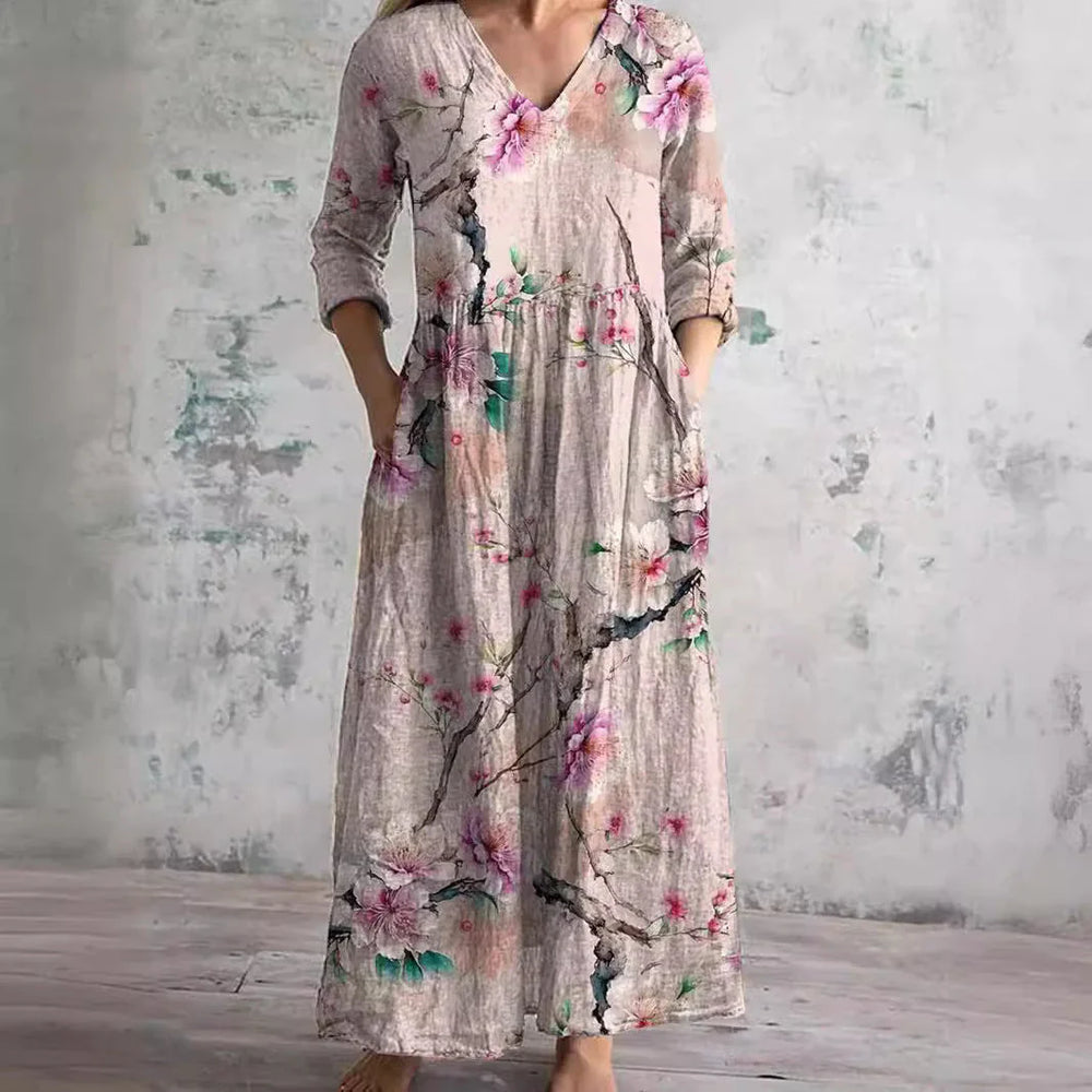 Close-up of floral print maxi dress showing rose and foliage pattern detail on woven fabric
