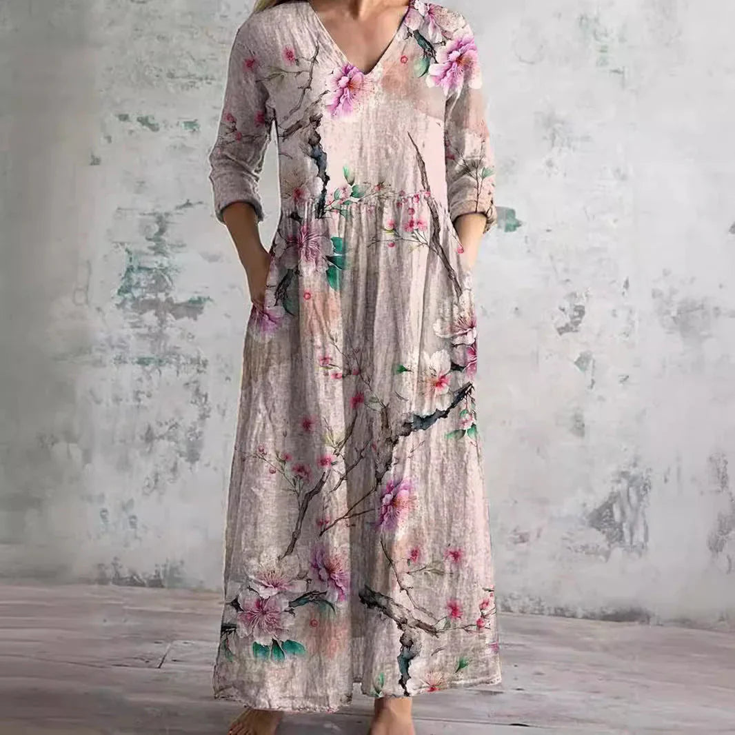 Close-up of floral print maxi dress showing rose and foliage pattern detail on woven fabric
