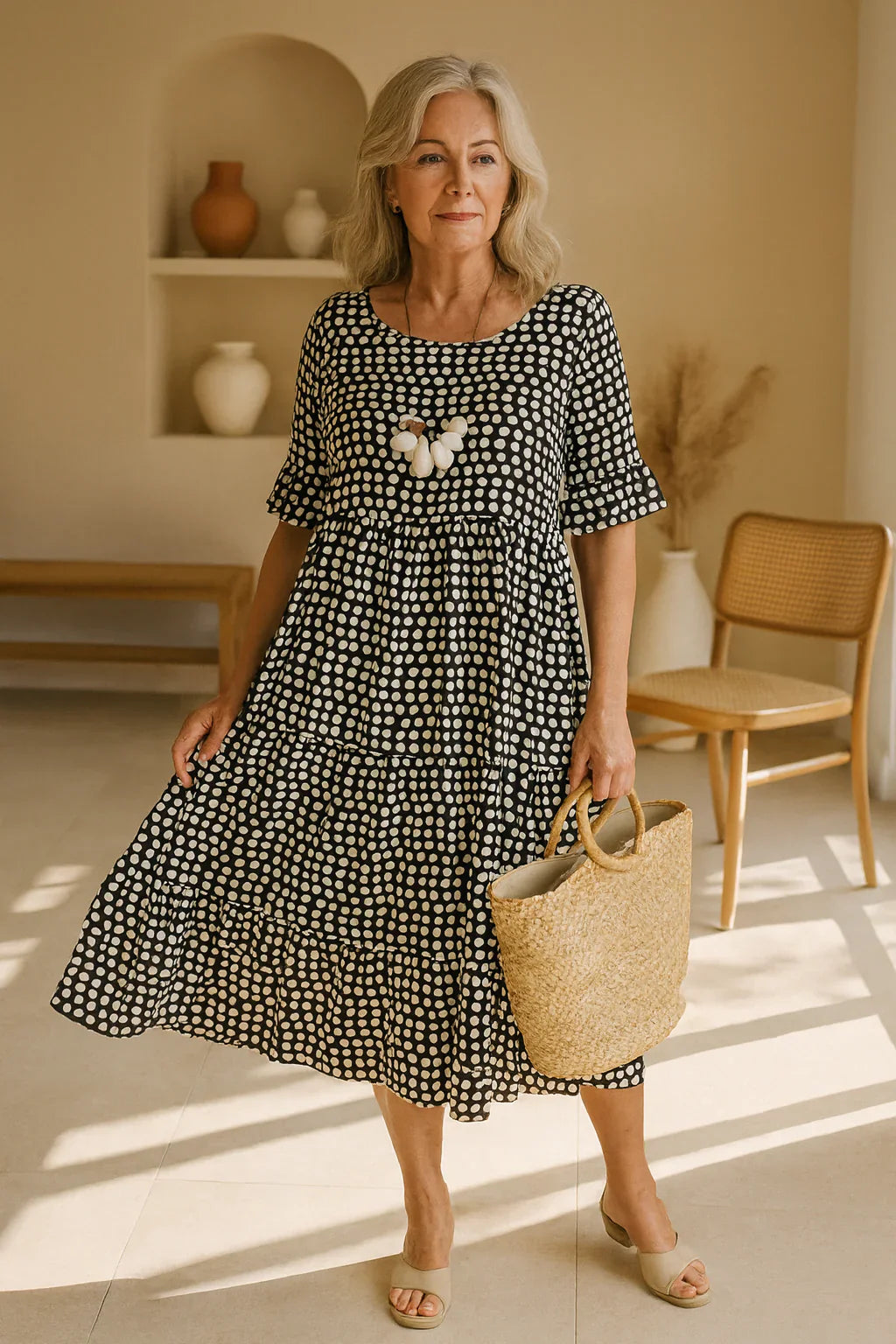 Side angle of tiered midi dress with short sleeves and lightweight woven fabric in neutral tones