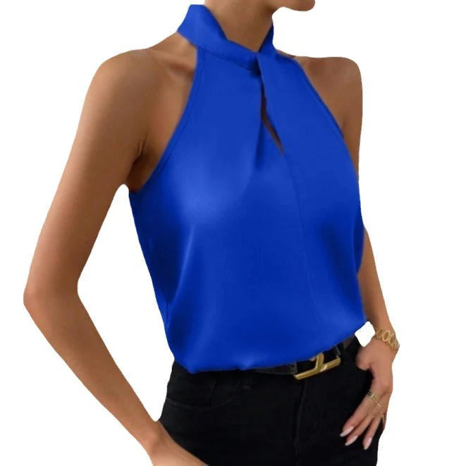 Close-up view of halter neck satin blouse showing twisted neck detail and smooth lustrous finish