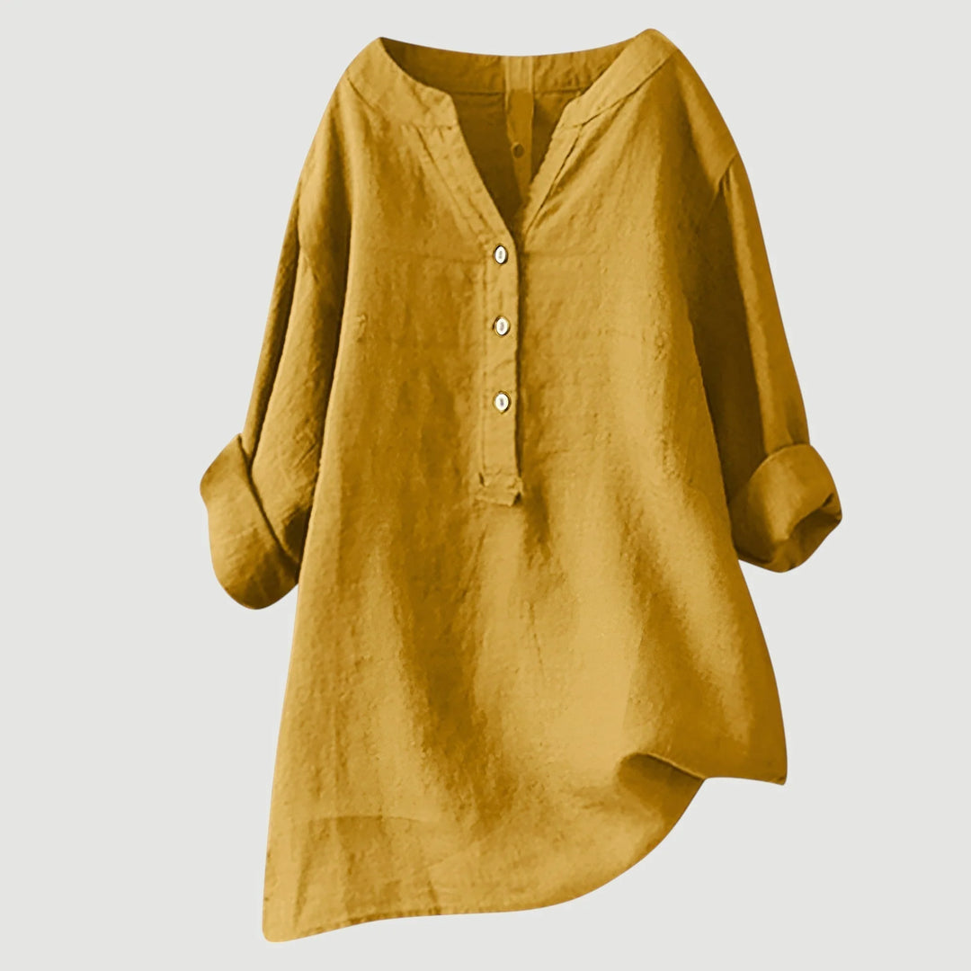 Women's relaxed-fit linen shirt in coral with three-button front and soft collar