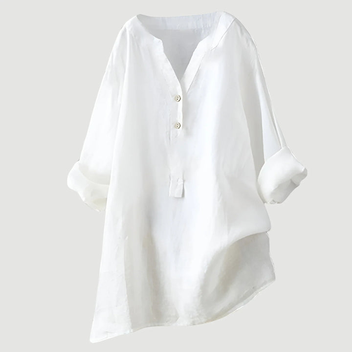 Full-length view of women's relaxed linen shirt with roll-tab sleeves